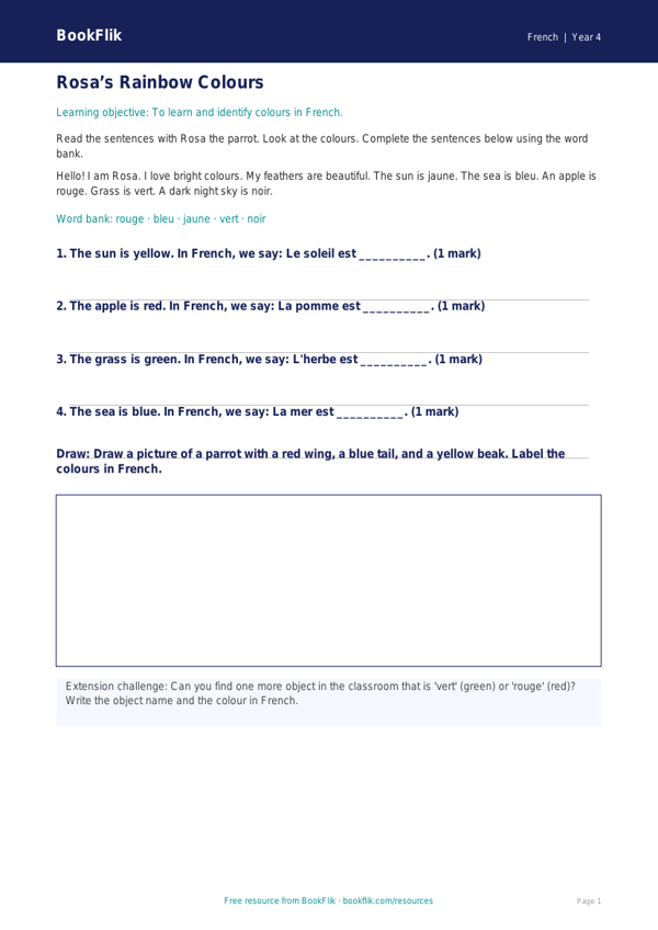 Free Colours Track Sheet | Year 4 Supported | BookFlik worksheet preview — French Colours