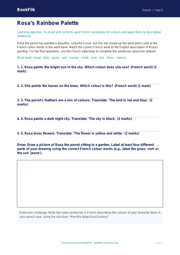 Free Colours Activity Sheet | Year 5 Core | BookFlik worksheet preview — French Colours