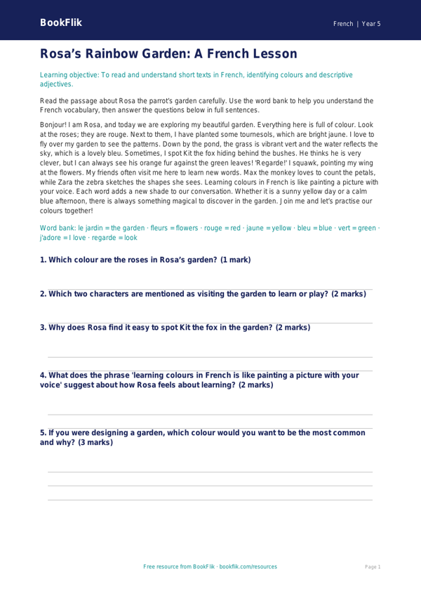 Free Colours Comprehension | Year 5 Core | BookFlik worksheet preview — French Colours