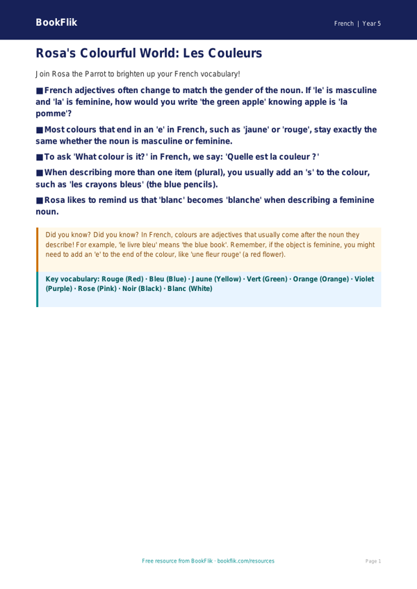 Free Colours Poster | Year 5 Core | BookFlik worksheet preview — French Colours