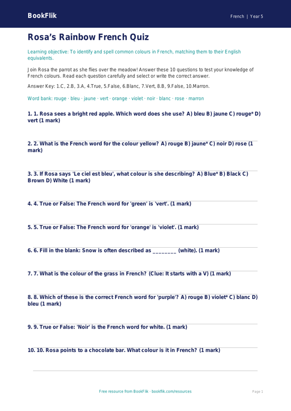 Free Colours Quiz | Year 5 Core | BookFlik worksheet preview — French Colours