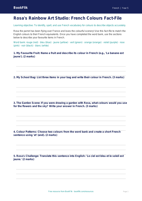 Free Colours Template | Year 5 Core | BookFlik worksheet preview — French Colours