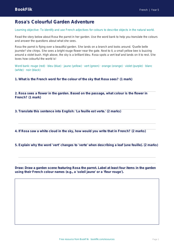 Free Colours Track Sheet | Year 5 Core | BookFlik worksheet preview — French Colours