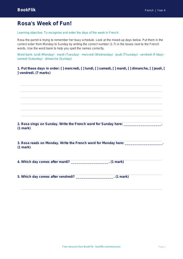Free Days Of The Week Activity Sheet | Year 4 Supported | BookFlik worksheet preview — French Days Of The Week