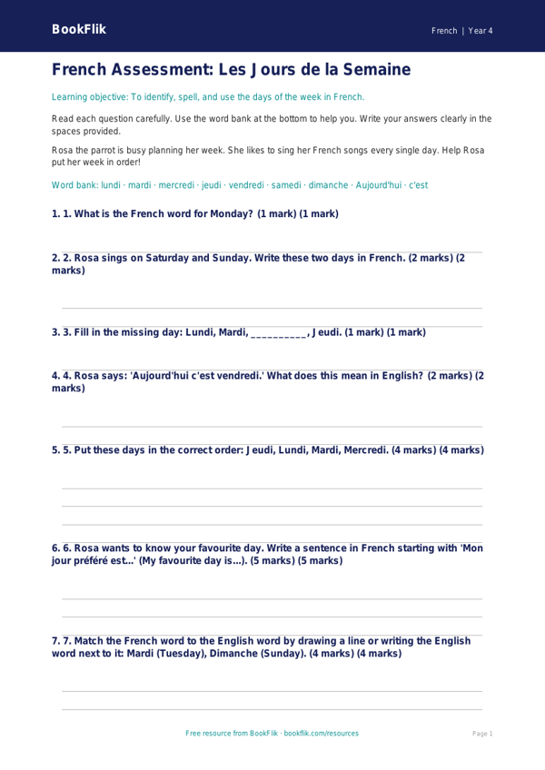 Free Days Of The Week Assessment | Year 4 Supported | BookFlik worksheet preview — French Days Of The Week