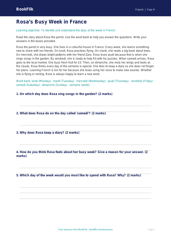 Free Days Of The Week Comprehension | Year 4 Supported | BookFlik worksheet preview — French Days Of The Week