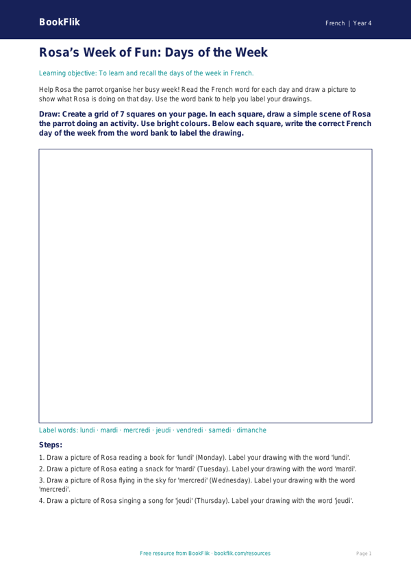 Free Days Of The Week Drawing Sheet | Year 4 Supported | BookFlik worksheet preview — French Days Of The Week