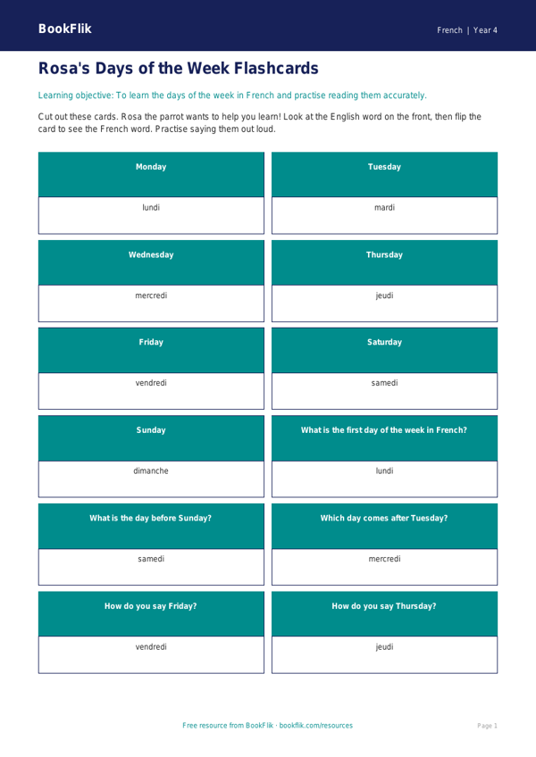 Free Days Of The Week Flashcards | Year 4 Supported | BookFlik worksheet preview — French Days Of The Week