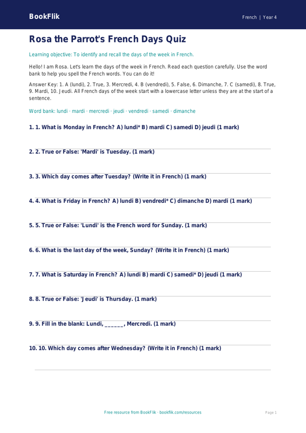 Free Days Of The Week Quiz | Year 4 Supported | BookFlik worksheet preview — French Days Of The Week