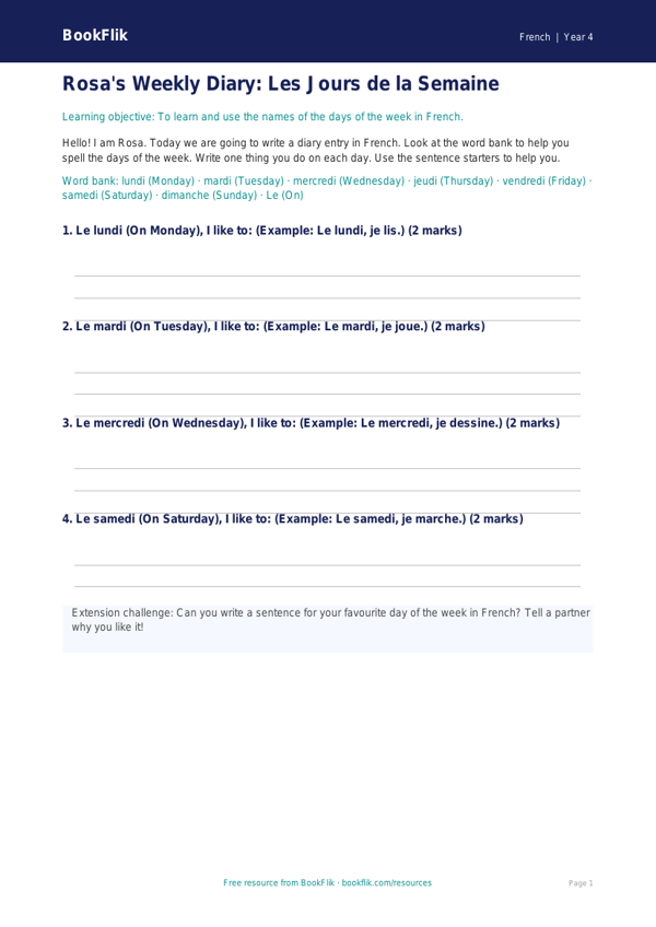 Free Days Of The Week Template | Year 4 Supported | BookFlik worksheet preview — French Days Of The Week
