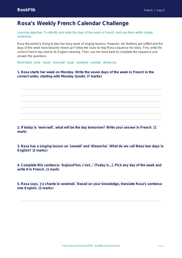 Free Days Of The Week Activity Sheet | Year 5 Core | BookFlik worksheet preview — French Days Of The Week