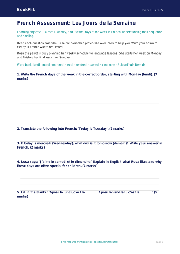 Free Days Of The Week Assessment | Year 5 Core | BookFlik worksheet preview — French Days Of The Week