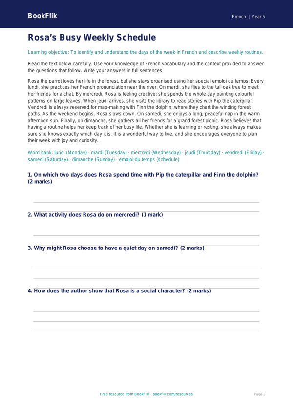 Free Days Of The Week Comprehension | Year 5 Core | BookFlik worksheet preview — French Days Of The Week