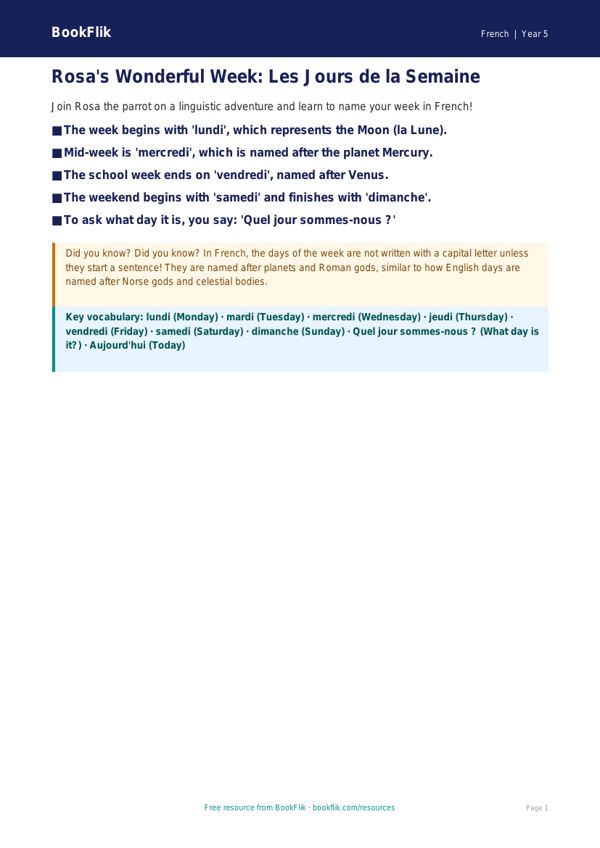 Free Days Of The Week Poster | Year 5 Core | BookFlik worksheet preview — French Days Of The Week