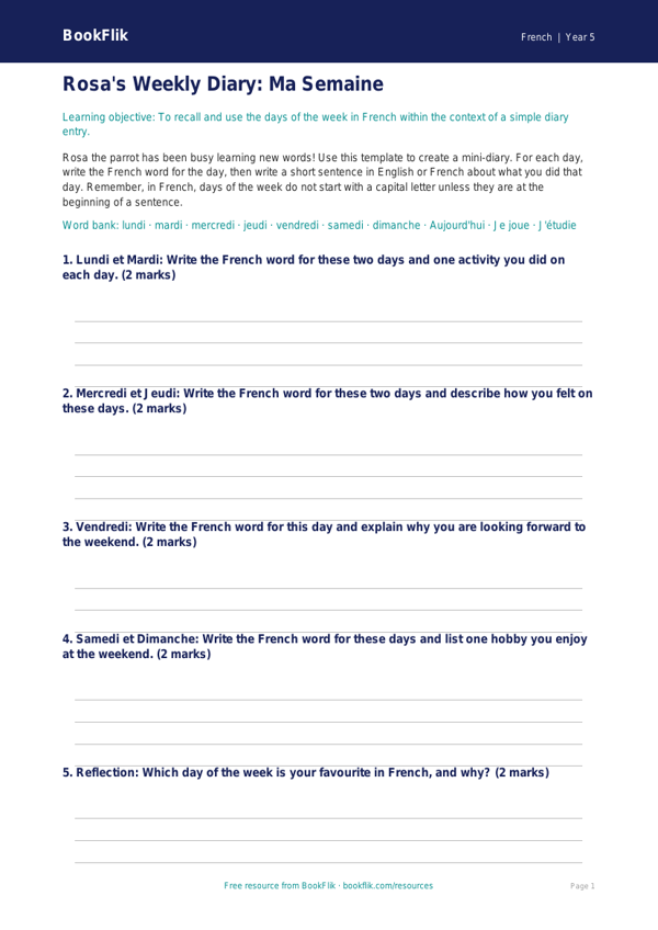 Free Days Of The Week Template | Year 5 Core | BookFlik worksheet preview — French Days Of The Week