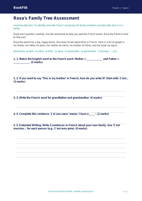 Free Family Assessment | Year 4 Supported | BookFlik worksheet preview — French Family