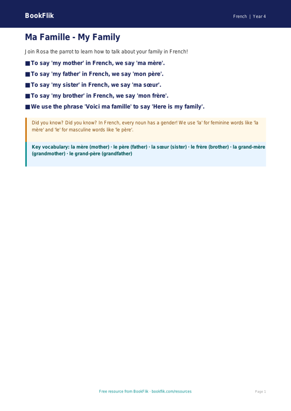 Free Family Poster | Year 4 Supported | BookFlik worksheet preview — French Family