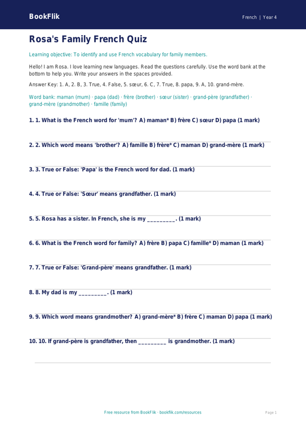 Free Family Quiz | Year 4 Supported | BookFlik worksheet preview — French Family