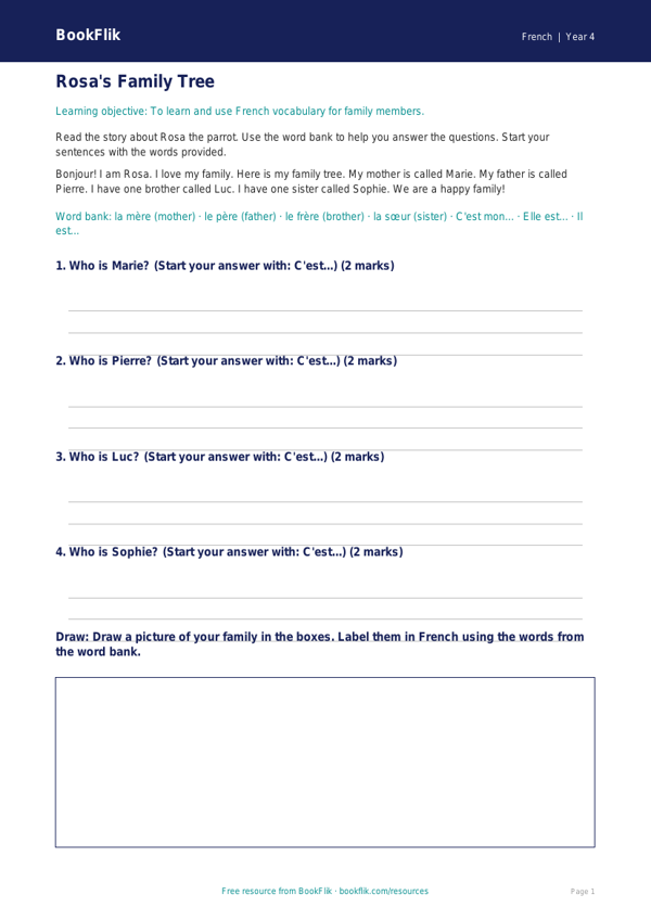 Free Family Track Sheet | Year 4 Supported | BookFlik worksheet preview — French Family