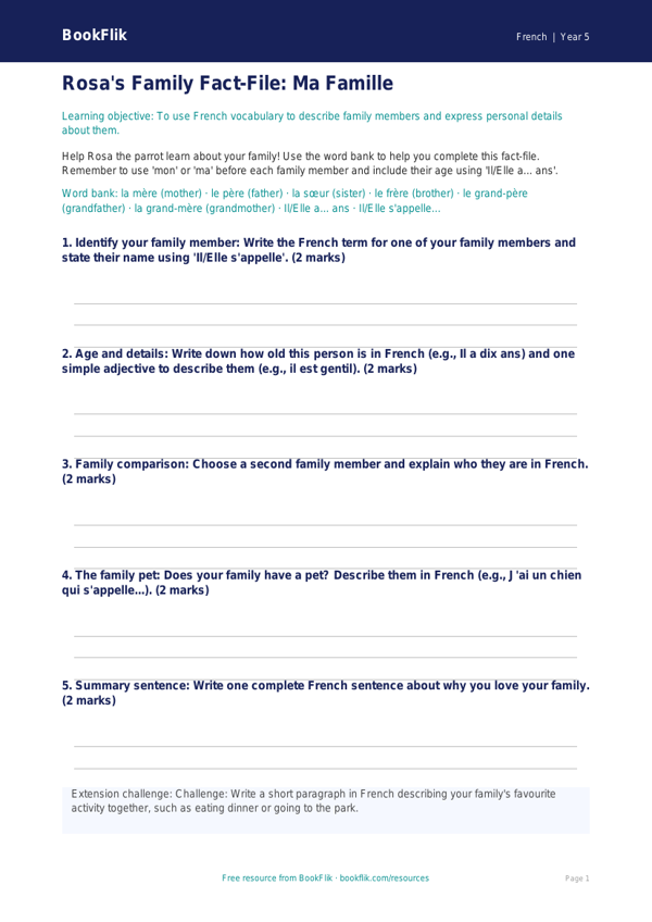 Free Family Template | Year 5 Core | BookFlik worksheet preview — French Family