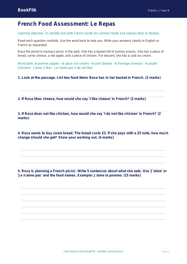 Free Food Assessment | Year 4 Supported | BookFlik worksheet preview — French Food