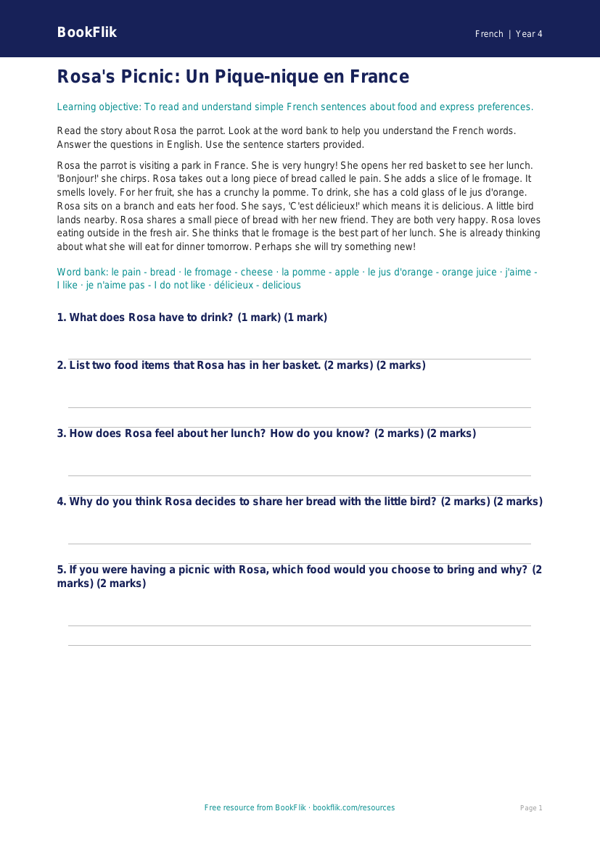 Free Food Comprehension | Year 4 Supported | BookFlik worksheet preview — French Food