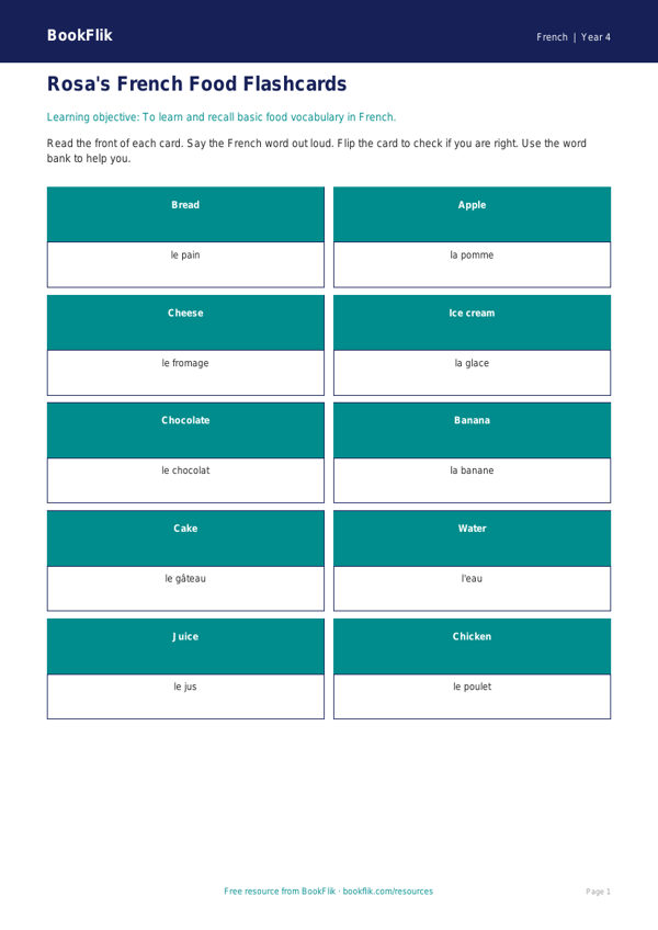 Free Food Flashcards | Year 4 Supported | BookFlik worksheet preview — French Food