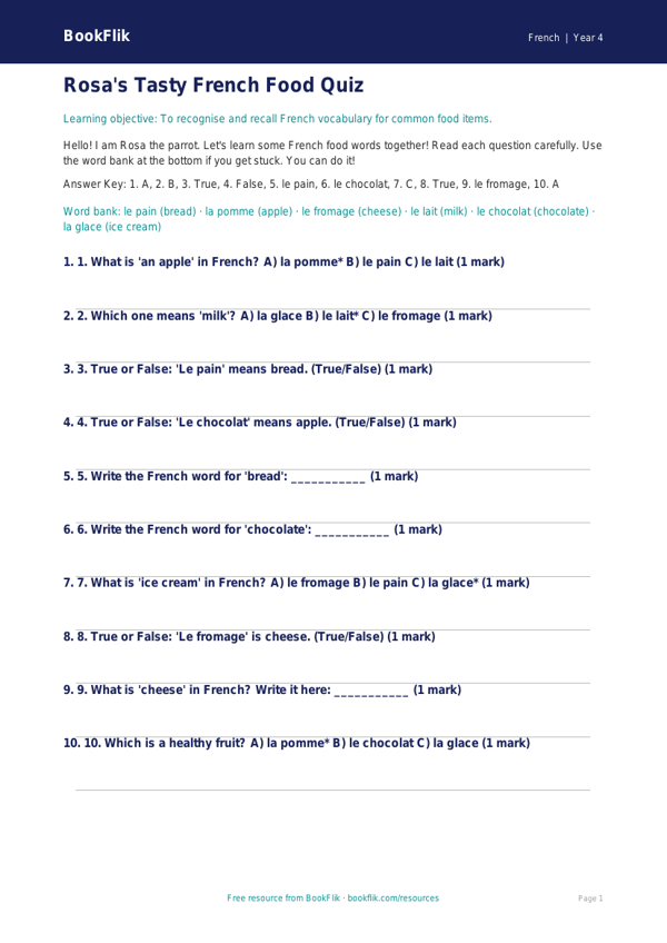 Free Food Quiz | Year 4 Supported | BookFlik worksheet preview — French Food
