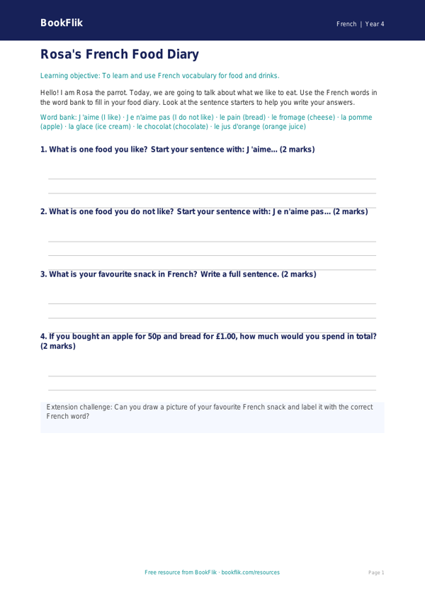 Free Food Template | Year 4 Supported | BookFlik worksheet preview — French Food