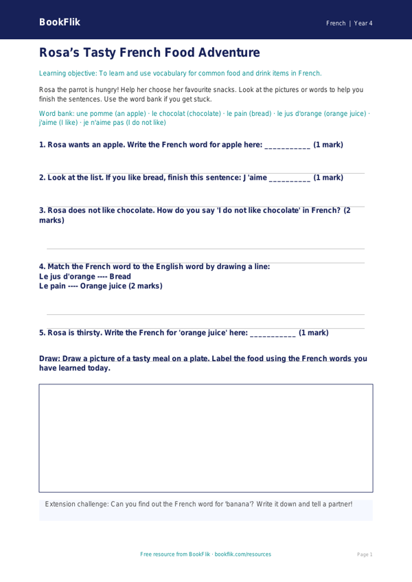Free Food Worksheet | Year 4 Supported | BookFlik worksheet preview — French Food