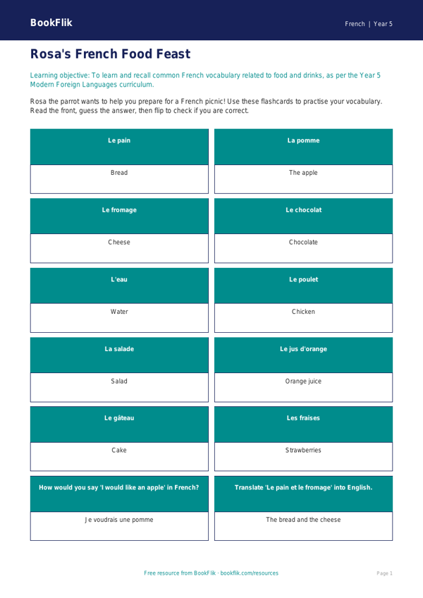 Free Food Flashcards | Year 5 Core | BookFlik worksheet preview — French Food