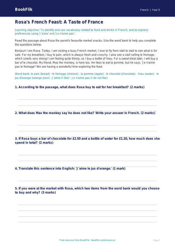 Free Food Track Sheet | Year 5 Core | BookFlik worksheet preview — French Food