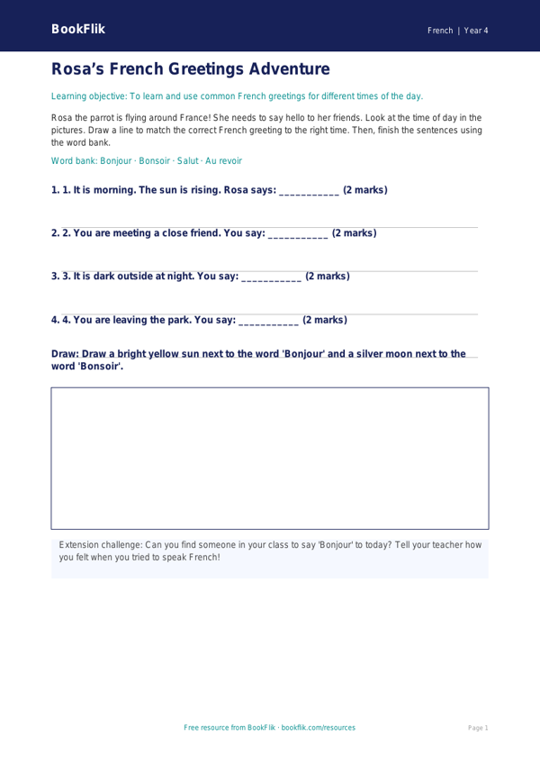 Free Greetings Activity Sheet | Year 4 Supported | BookFlik worksheet preview — French Greetings