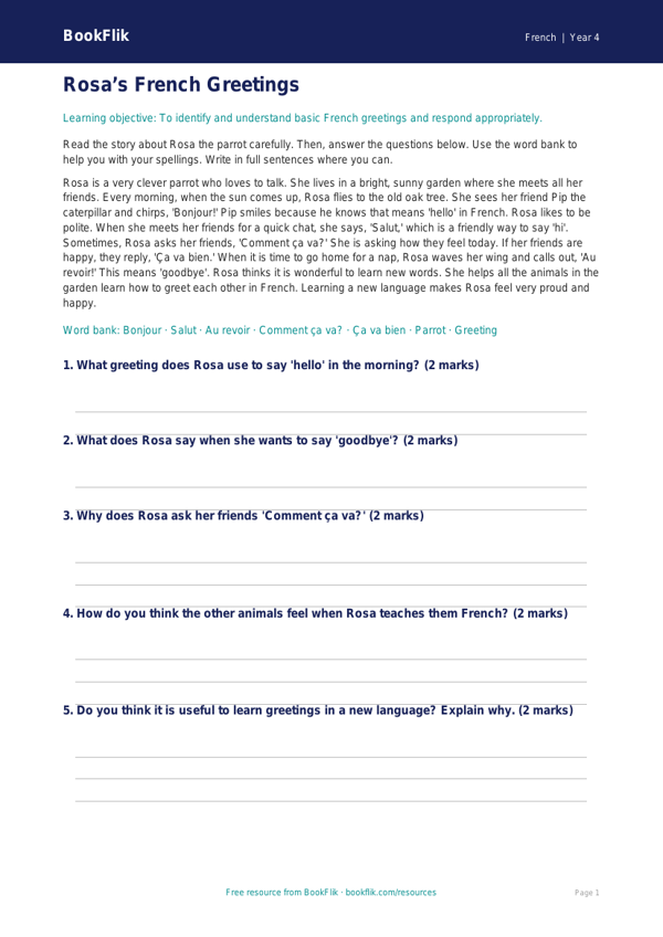 Free Greetings Comprehension | Year 4 Supported | BookFlik worksheet preview — French Greetings