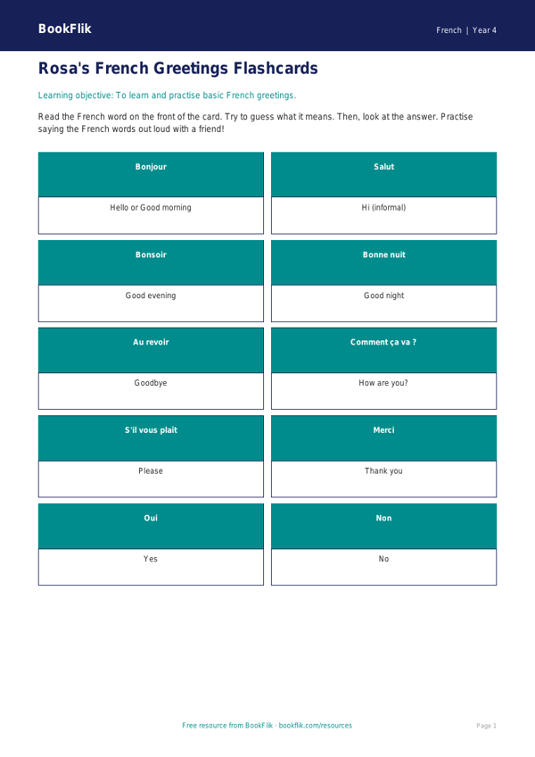 Free Greetings Flashcards | Year 4 Supported | BookFlik worksheet preview — French Greetings