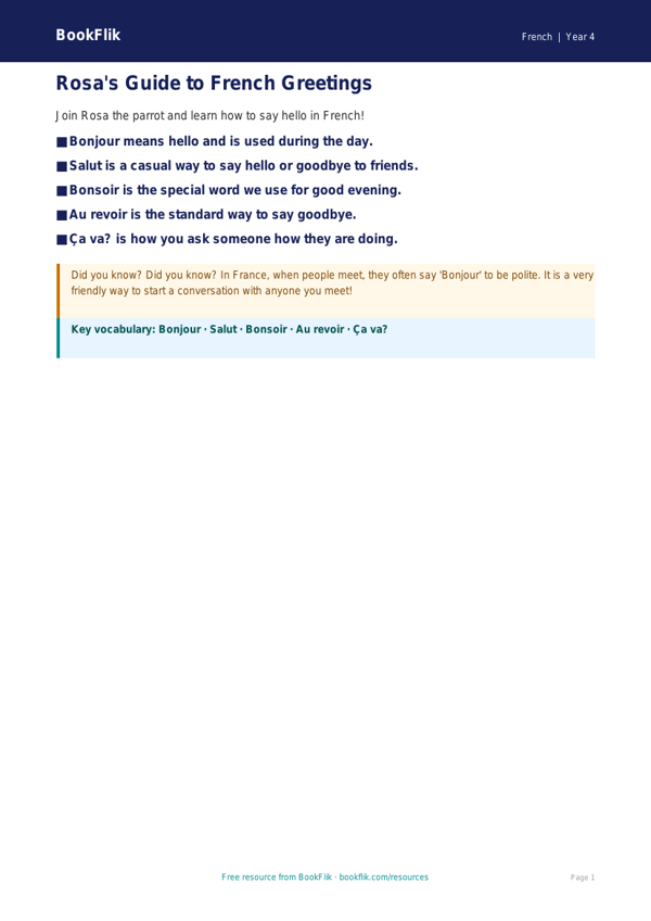 Free Greetings Poster | Year 4 Supported | BookFlik worksheet preview — French Greetings