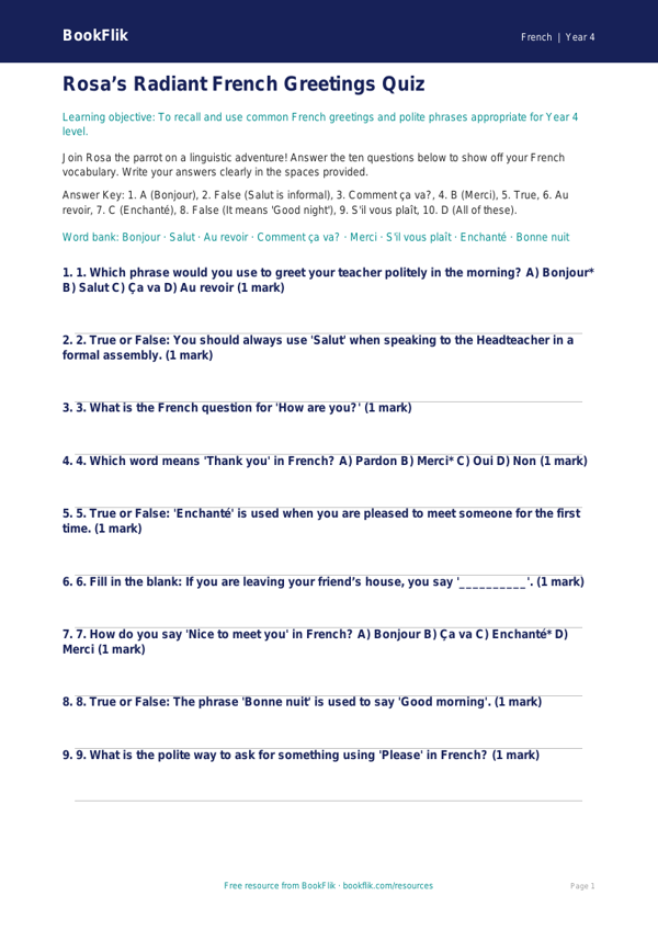 Free Greetings Quiz | Year 4 Greater Depth | BookFlik worksheet preview — French Greetings