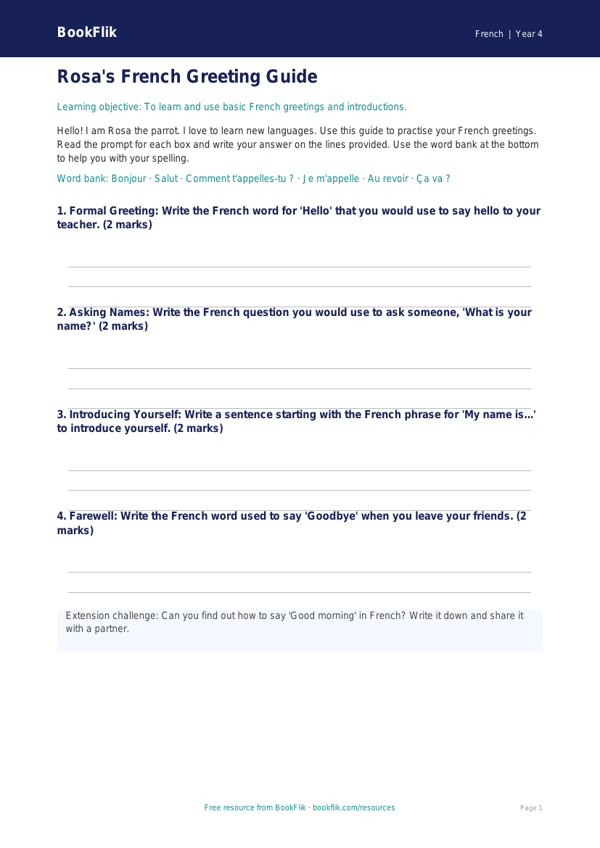 Free Greetings Template | Year 4 Supported | BookFlik worksheet preview — French Greetings