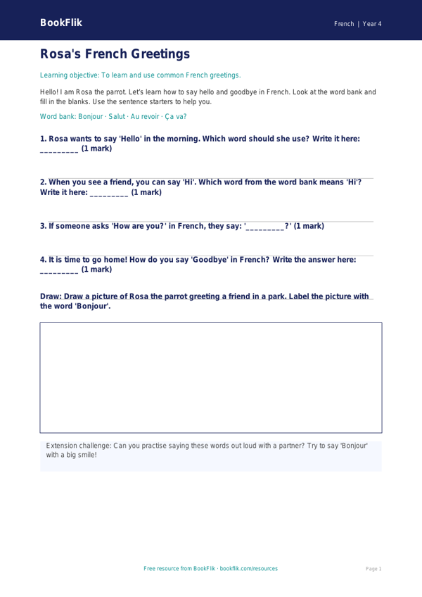 Free Greetings Worksheet | Year 4 Supported | BookFlik worksheet preview — French Greetings