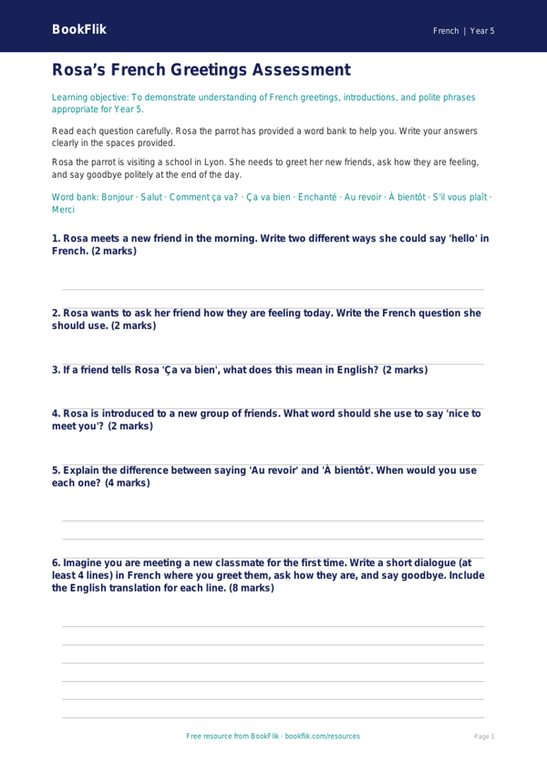 Free Greetings Assessment | Year 5 Core | BookFlik worksheet preview — French Greetings
