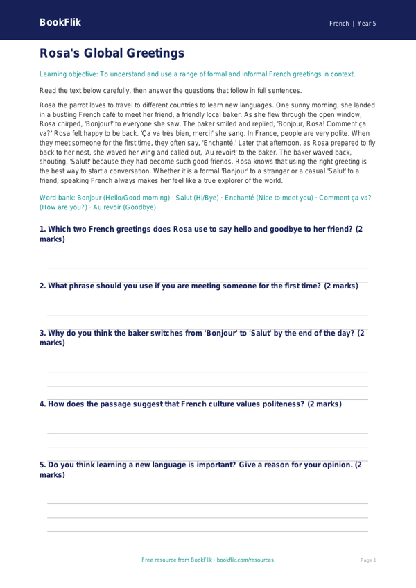 Free Greetings Comprehension | Year 5 Core | BookFlik worksheet preview — French Greetings