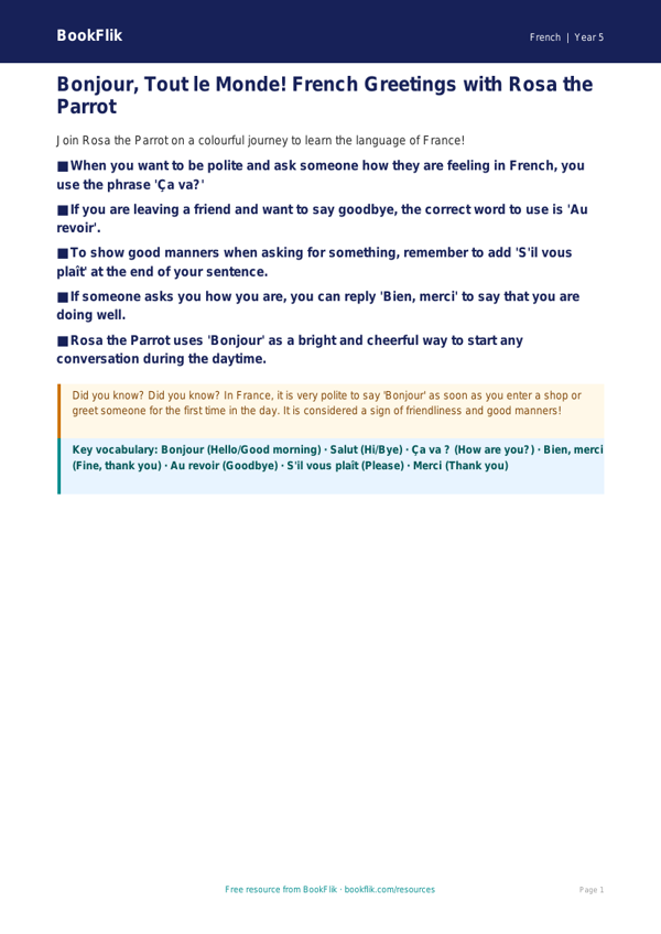 Free Greetings Poster | Year 5 Core | BookFlik worksheet preview — French Greetings