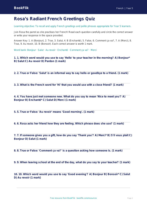 Free Greetings Quiz | Year 5 Core | BookFlik worksheet preview — French Greetings