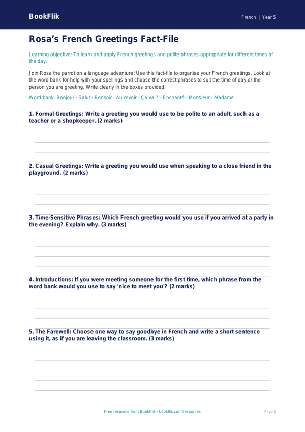 Free Greetings Template | Year 5 Core | BookFlik worksheet preview — French Greetings