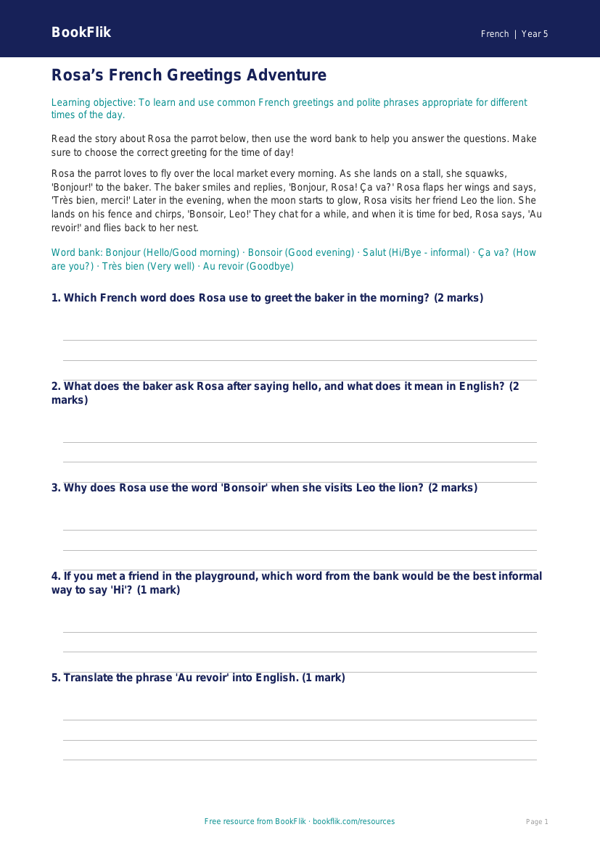 Free Greetings Track Sheet | Year 5 Core | BookFlik worksheet preview — French Greetings