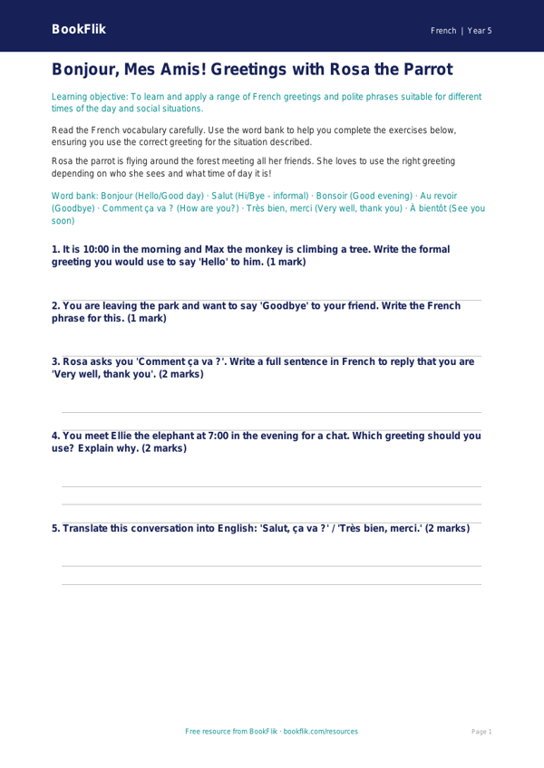 Free Greetings Worksheet | Year 5 Core | BookFlik worksheet preview — French Greetings