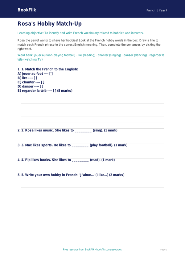 Free Hobbies Activity Sheet | Year 4 Supported | BookFlik worksheet preview — French Hobbies