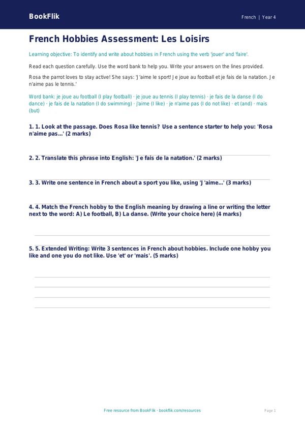 Free Hobbies Assessment | Year 4 Supported | BookFlik worksheet preview — French Hobbies