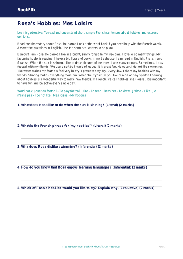 Free Hobbies Comprehension | Year 4 Supported | BookFlik worksheet preview — French Hobbies