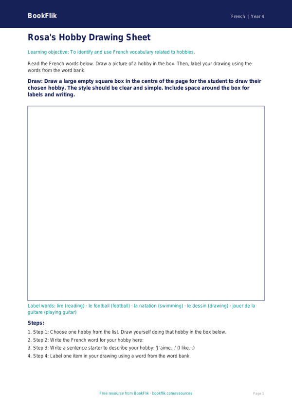Free Hobbies Drawing Sheet | Year 4 Supported | BookFlik worksheet preview — French Hobbies